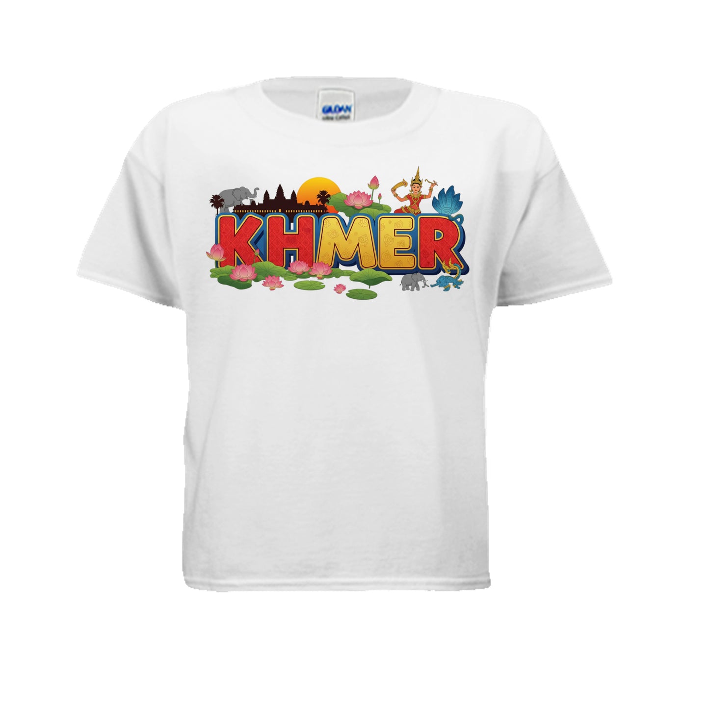 White t-shirt with colorful 'KHMER' design on a white background