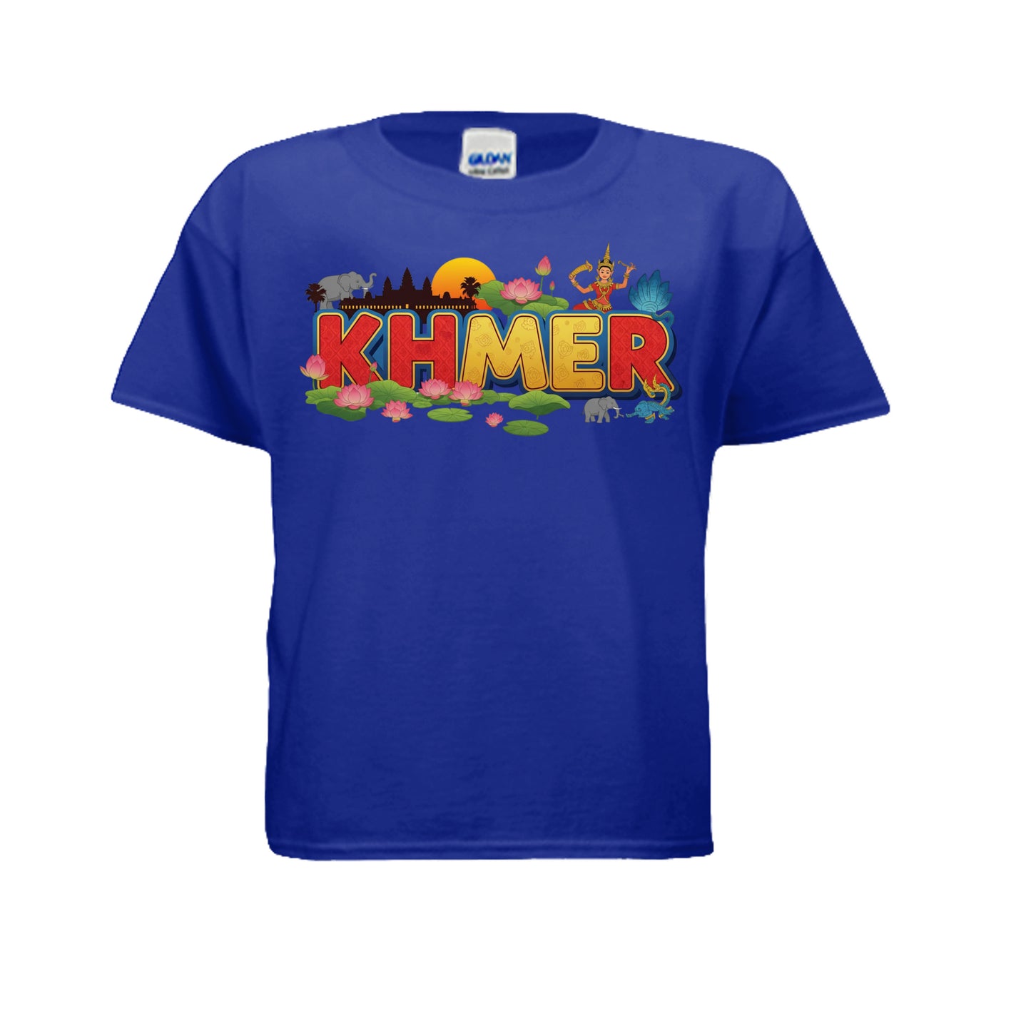 Blue t-shirt with colorful 'KHMER' design on a white background