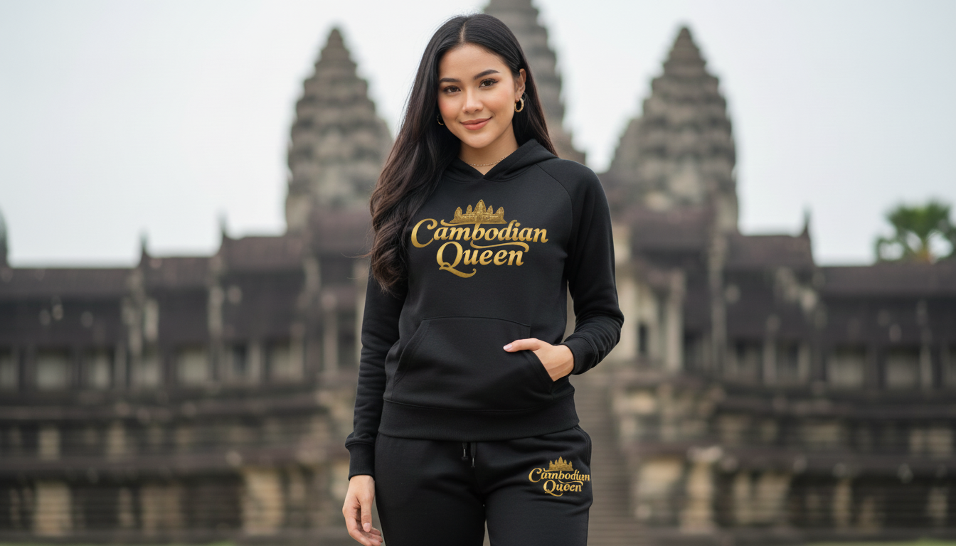 Woman wearing a black hoodie with 'Cambodian Queen' text in front of Angkor Wat.