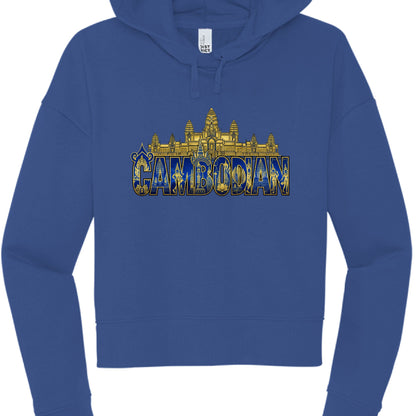 Blue hoodie with 'Cambodian' text and Angkor Wat design on a white background