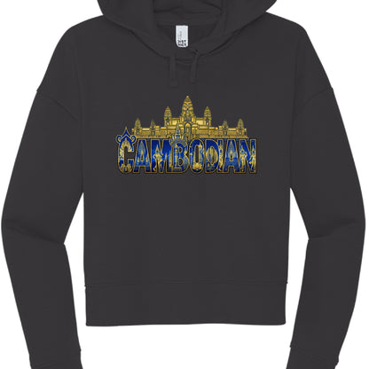 Black hoodie with 'Cambodian' text and Angkor Wat design on a white background