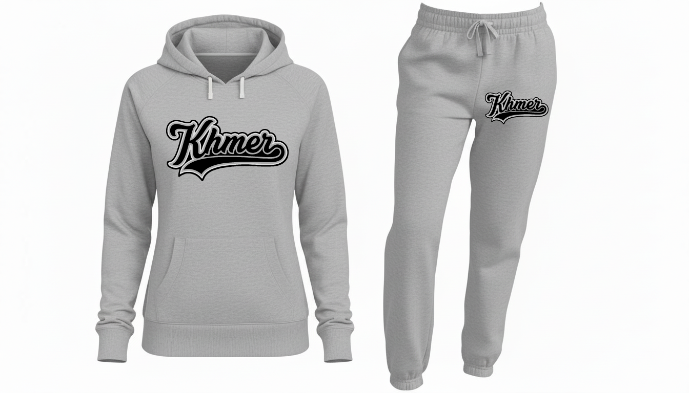 Gray hoodie and sweatpants set with 'Khmer' logo on a white background