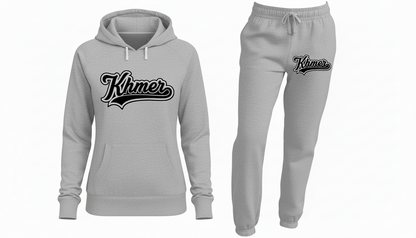 Gray hoodie and sweatpants set with 'Khmer' logo on a white background