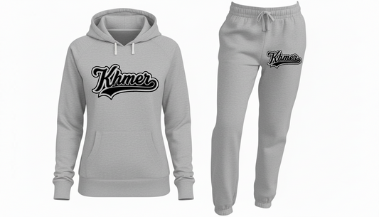 Gray hoodie and sweatpants set with 'Khmer' logo on a white background