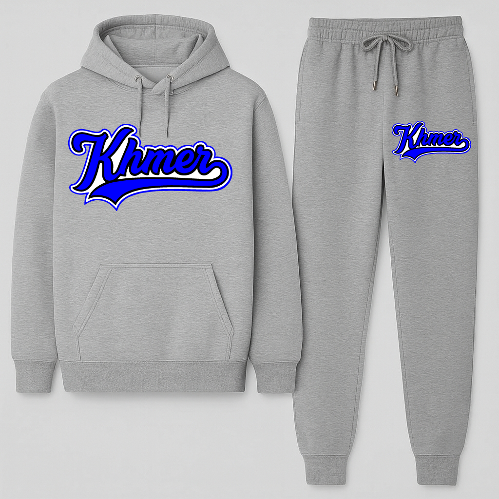 Gray hoodie and jogger set with 'Khmer' text on a white background