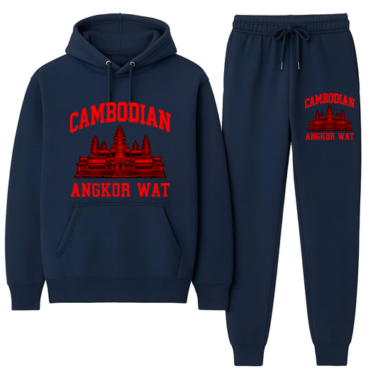 Navy blue hoodie and jogger set with red Angkor Wat design on a white background