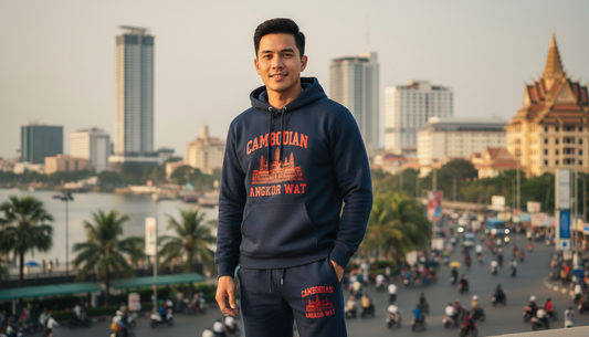 Person wearing a hoodie with text standing in front of a cityscape