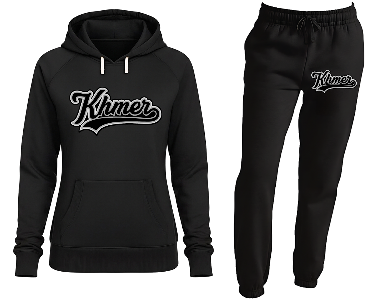 Black hoodie and pants set with 'Khmer' logo on a white background