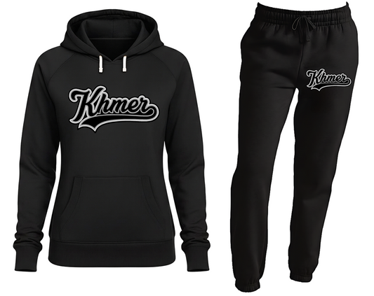 Black hoodie and pants set with 'Khmer' logo on a white background