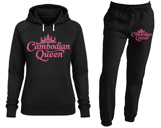Black hoodie and black jogger pants with 'Cambodian Queen' text on a white background
