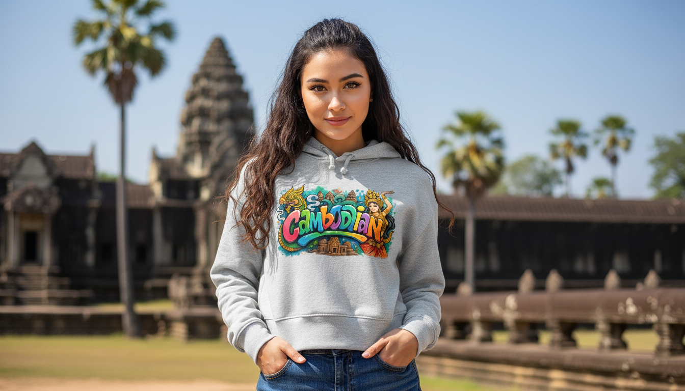 Person wearing a hoodie with colorful graphics in front of Angkor Wat.