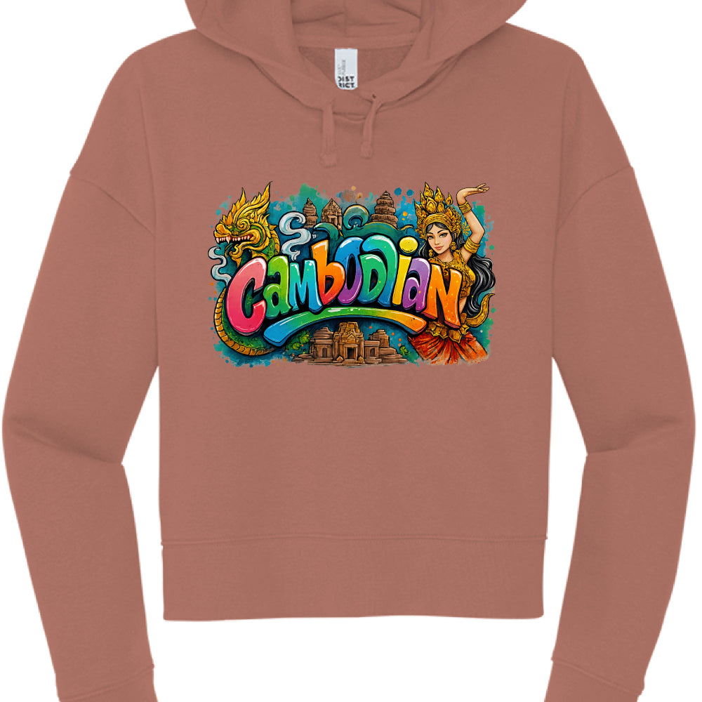 Brown hoodie with colorful 'Cambodian' design on a white background
