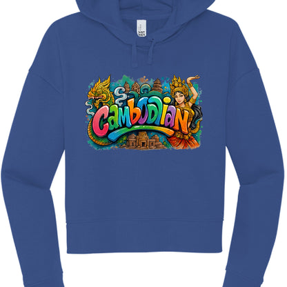 Blue hoodie with 'Cambodian' graphic design on a white background