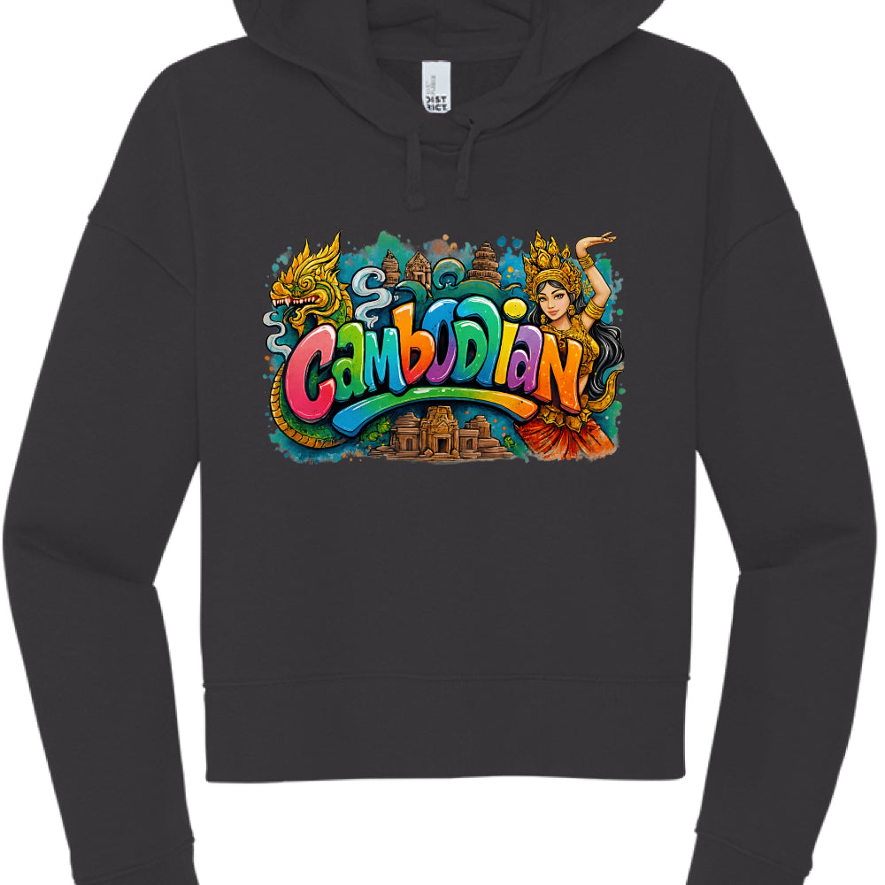Black hoodie with colorful 'Cambodian' design featuring traditional elements and a rainbow.