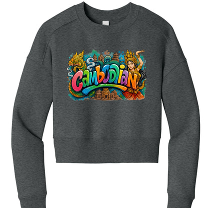 Dark gray sweatshirt with colorful 'Cambodian' design featuring traditional elements on a white background