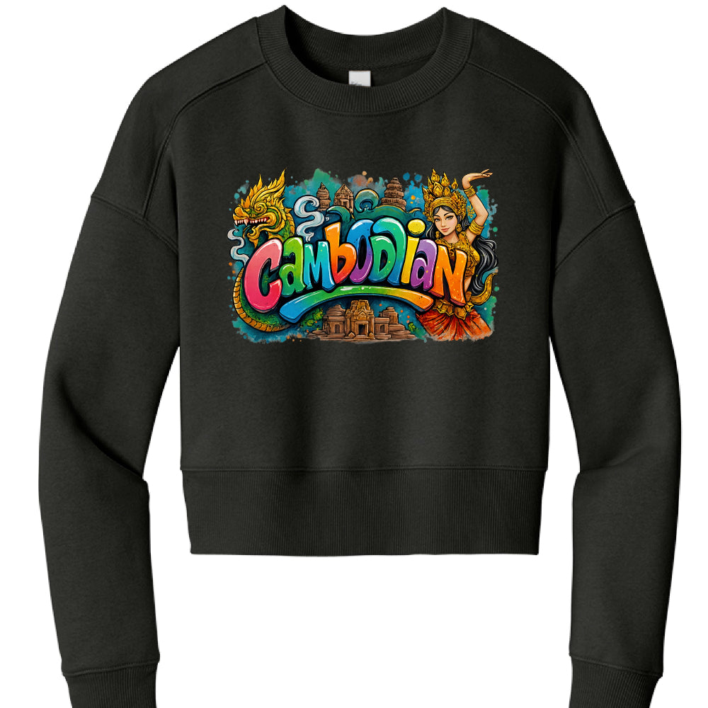 Black sweatshirt with colorful 'Cambodian' design featuring a dragon and temple on a white background