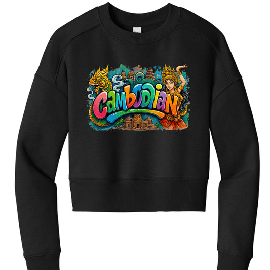 Black sweatshirt with colorful 'Cambodian' design featuring a dragon, temple, and woman on a white background.