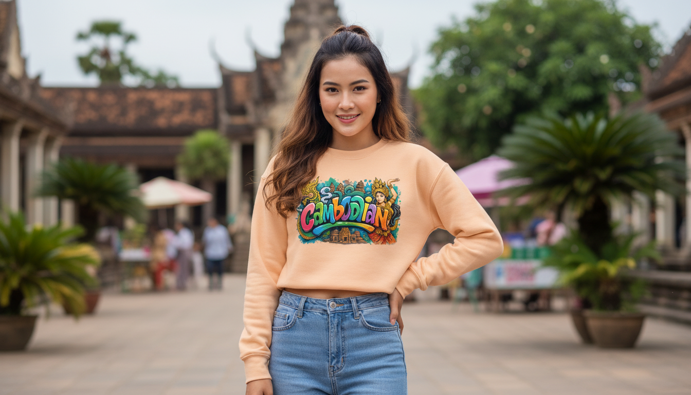 Woman wearing a colorful sweatshirt with text in an outdoor setting