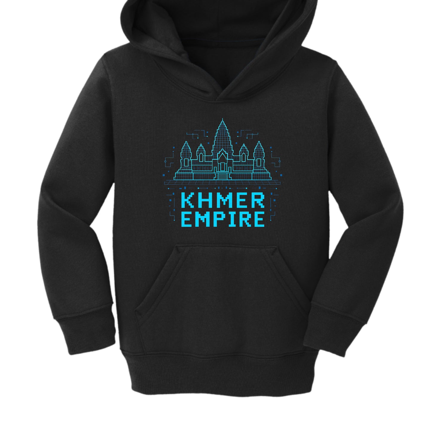 The second hoodie presents a more modern, tech-inspired aesthetic.

Graphic Style: A cyan-blue wireframe or digital-style outline of Angkor Wat sits in the center.

Typography: Below the temple, the words "KHMER EMPIRE" are printed in a pixelated, retro-digital font, also in cyan-blue.

Circuitry Accents: Small digital "node" and line patterns surround the temple, giving it a high-tech feel.