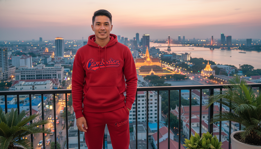 Person in a red hoodie with a cityscape in the background