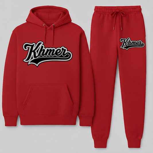 Red hoodie and jogger pants set with 'Khmer' logo on a gray background