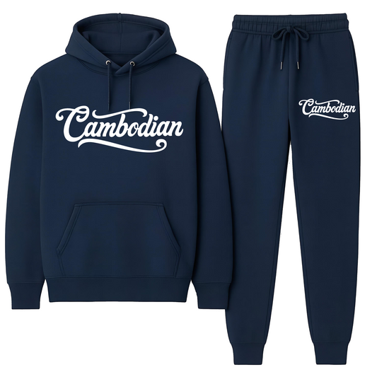 Navy blue hoodie and jogger set with 'Cambodian' text on a white background