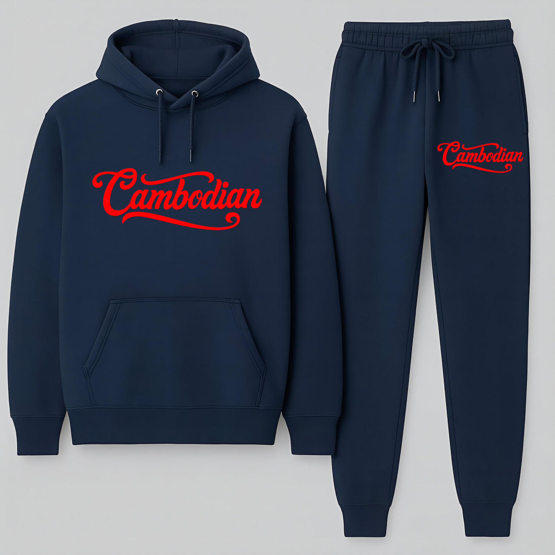 Navy hoodie and jogger set with 'Cambodian' text on a light gray background