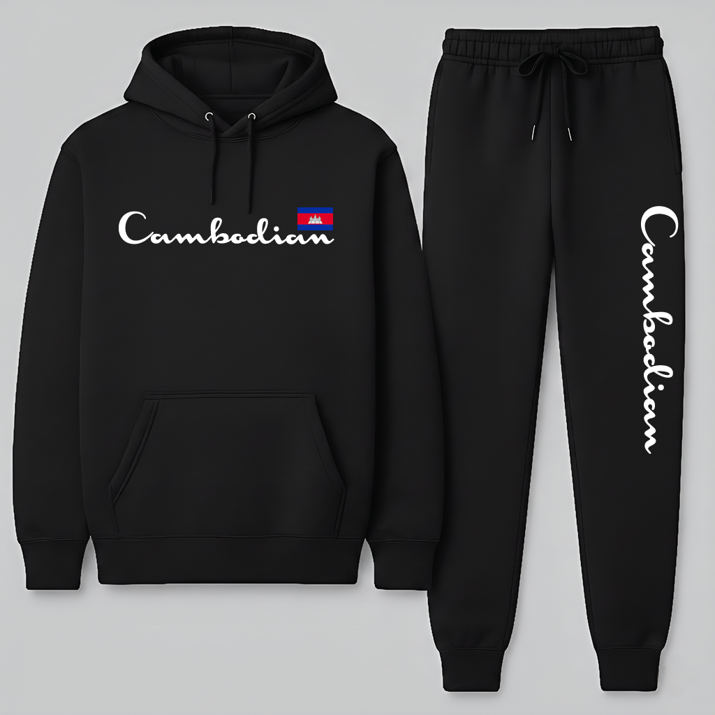 Black hoodie and jogger set with 'Cambodian' text and flag on a light gray background