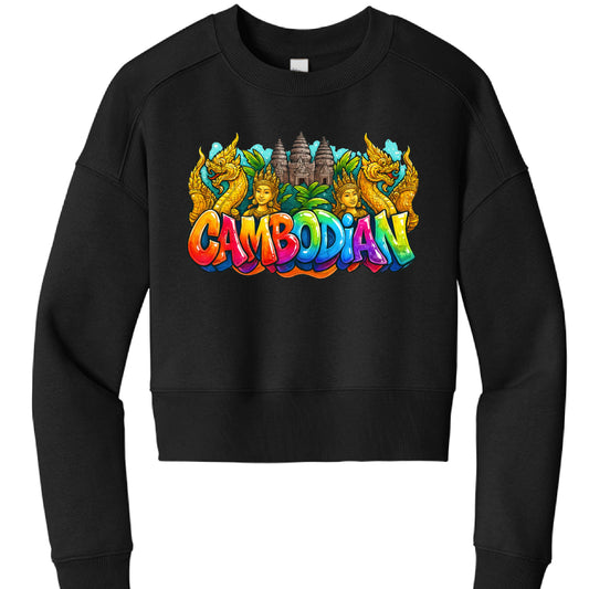 Black sweatshirt with colorful 'Cambodian' design featuring temple and dragons on a white background