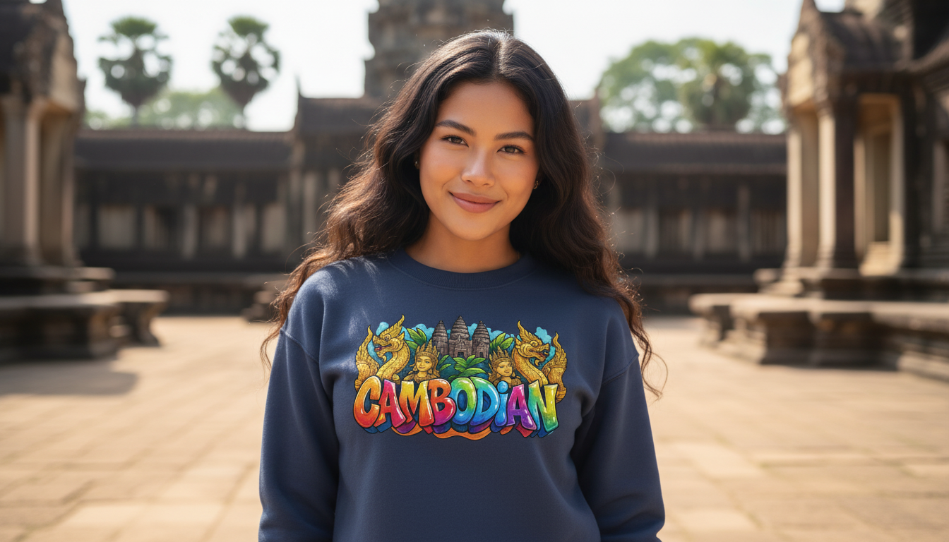 Woman wearing a blue sweatshirt with colorful text standing in front of Angkor Wat.