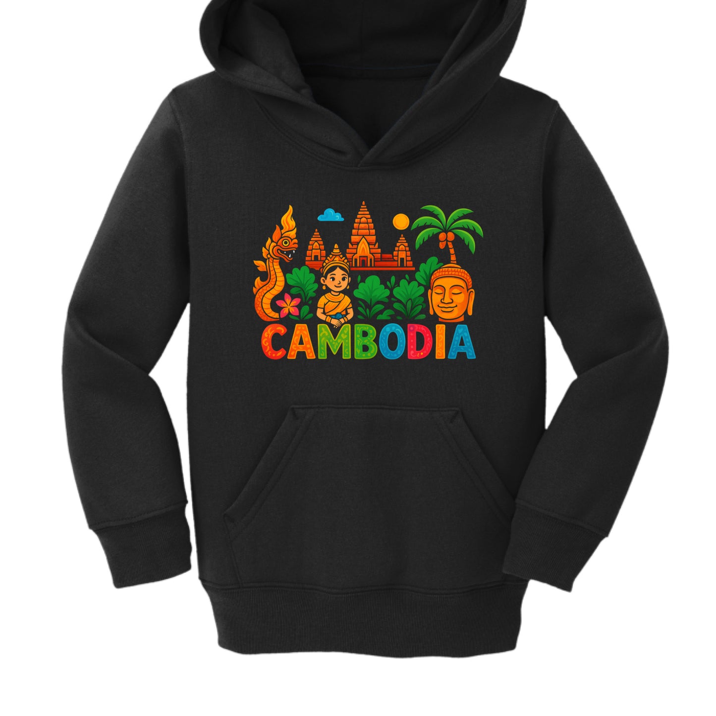 Black hoodie with colorful Cambodia-themed design on a white background