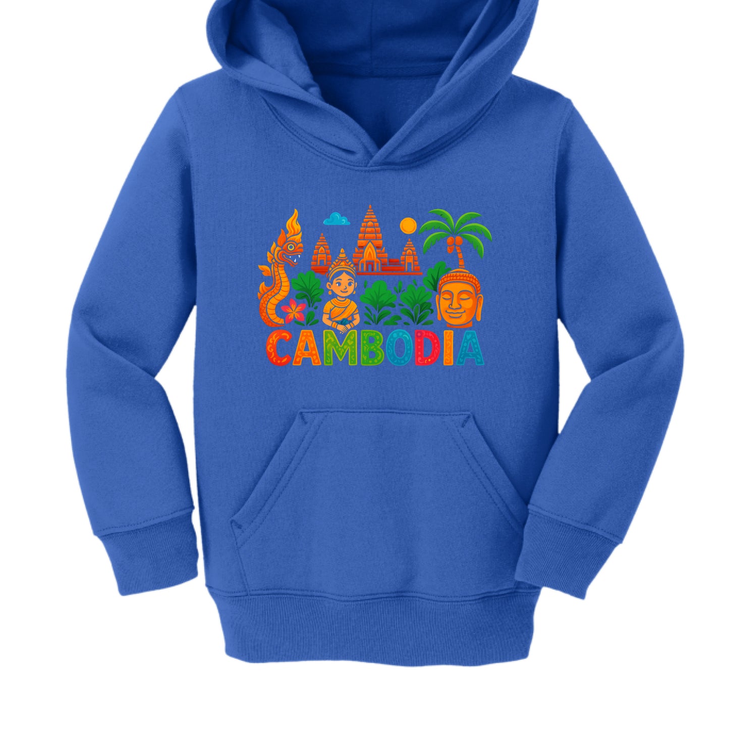 Blue hoodie with colorful Cambodia-themed design on a white background