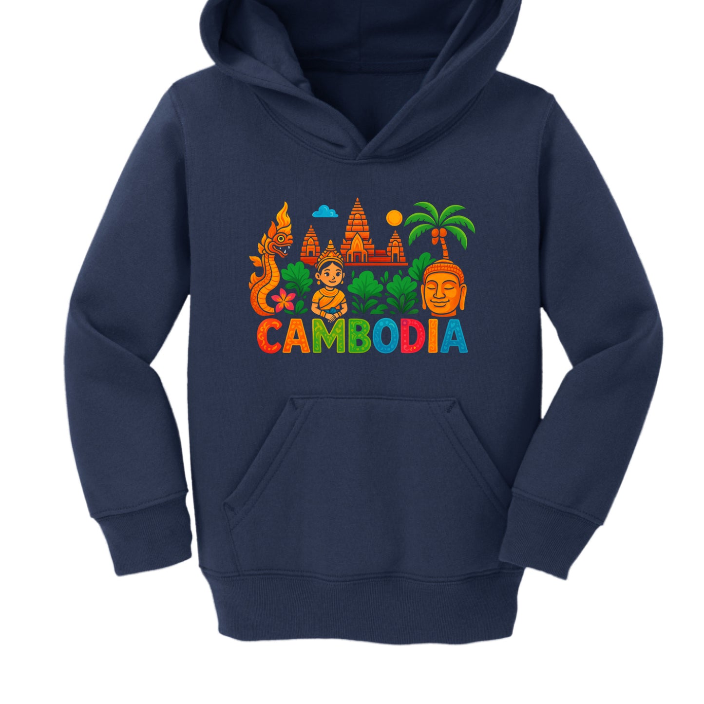 Navy blue hoodie with colorful Cambodia-themed design on a white background