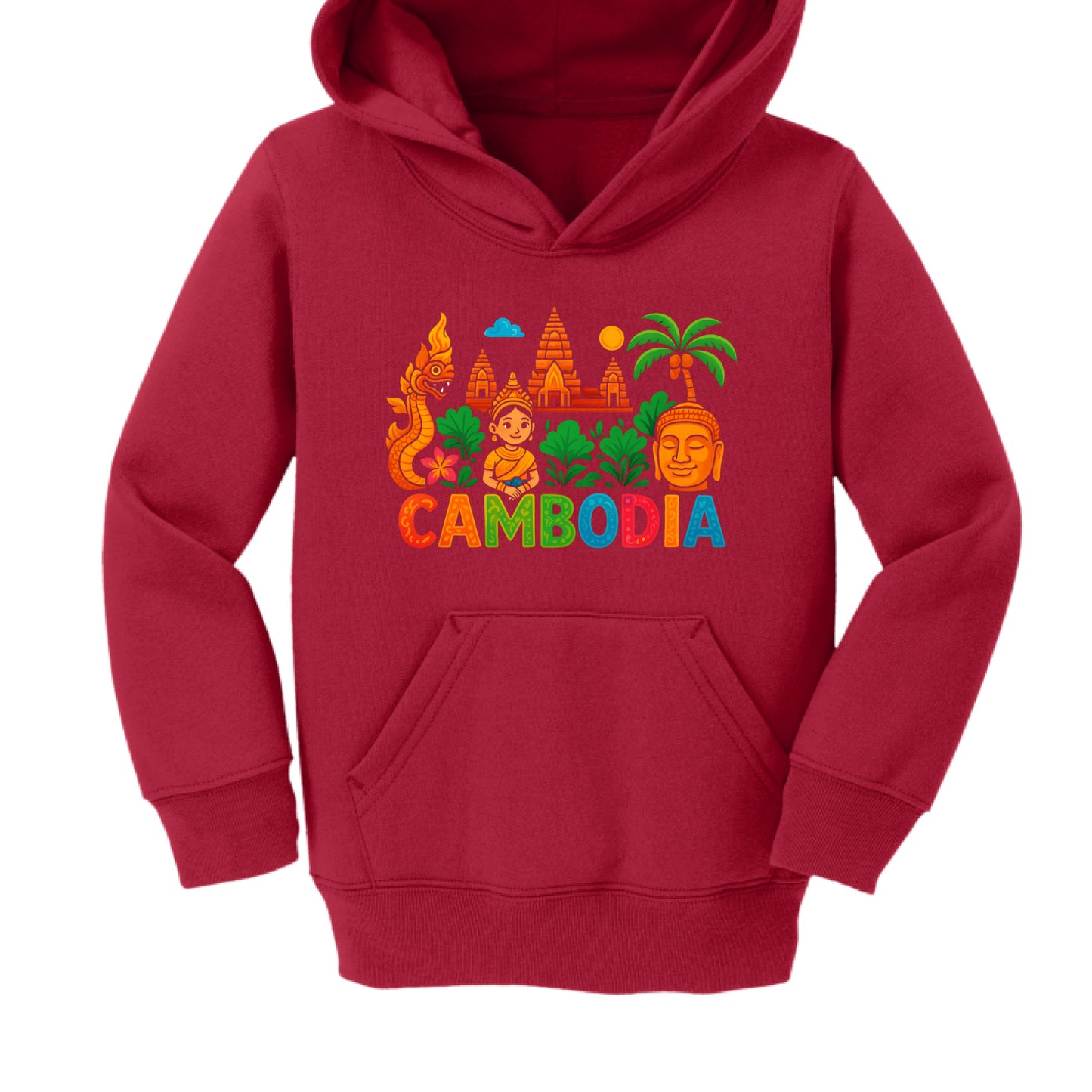Red hoodie with colorful Cambodia design on a white background