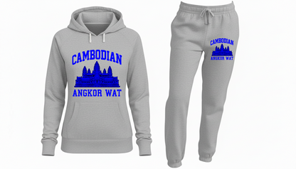 Angkor Wat Heritage Heather Grey Hoodie & Jogger Set – Royal Blue Edition featuring Cambodian text.