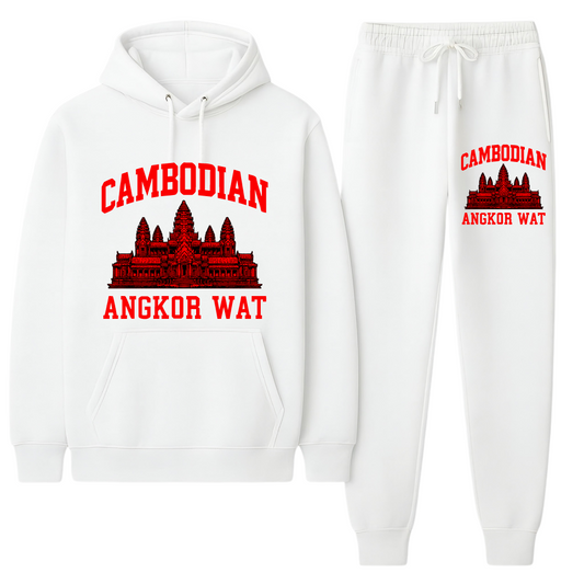 White hoodie and sweatpants set with red 'Cambodian Angkor Wat' design on a white background