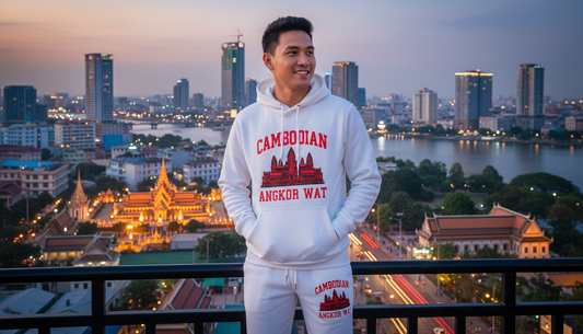 Person wearing a hoodie with 'Cambodian Angkor Wat' design against a cityscape background