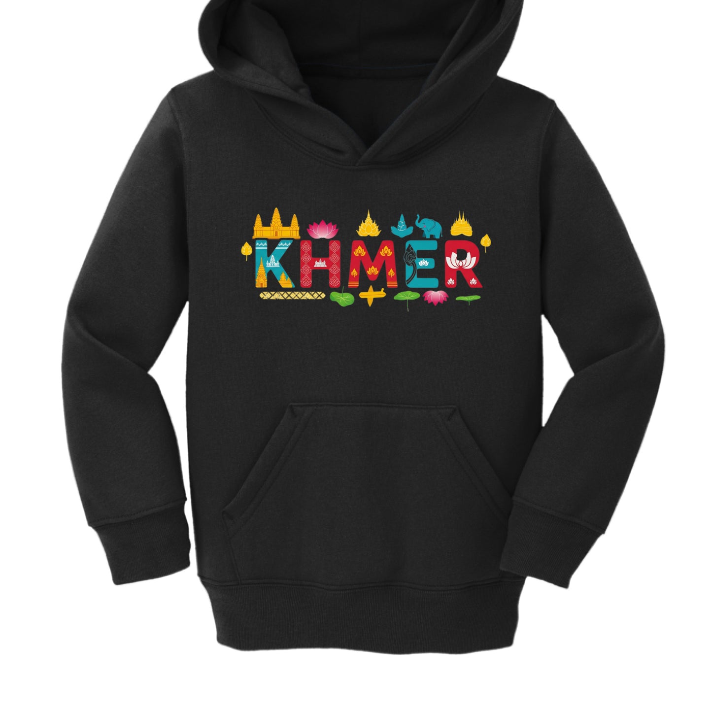 Black hoodie with colorful 'KHMER' text design on a white background