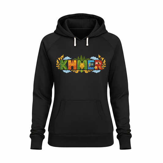 Black hoodie with 'KHMER' text in colorful letters on a white background