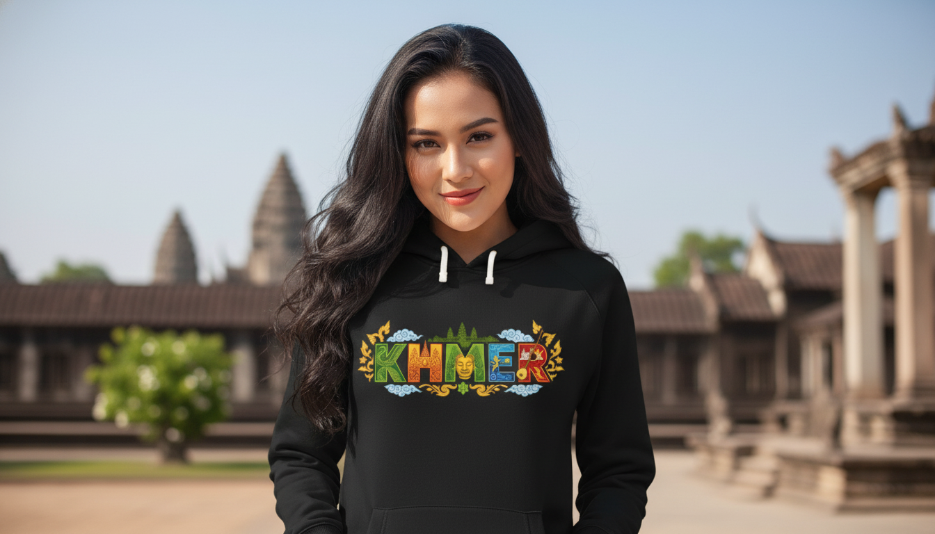 Woman wearing a black hoodie with 'Khmer' printed on it, standing in front of temple architecture.