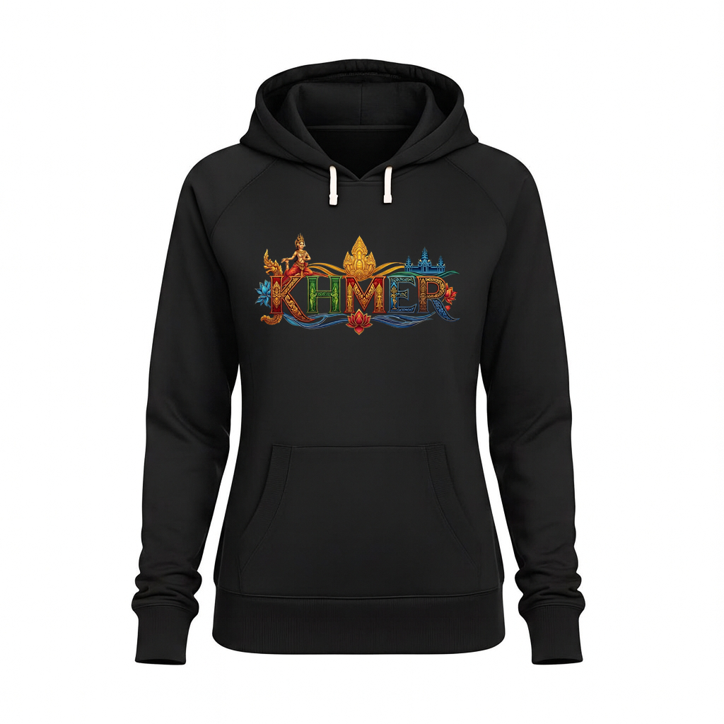 Black hoodie with colorful 'Khmer' design on a white background