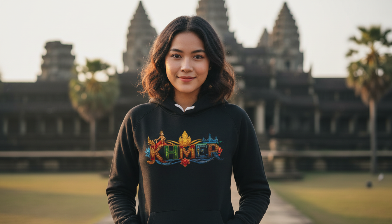 Person wearing a hoodie with colorful text in front of Angkor Wat.