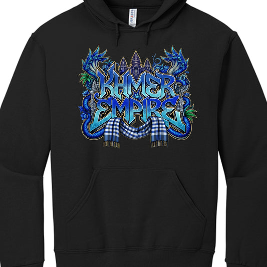 This image shows a black pullover hoodie featuring an intricate graphic that celebrates Cambodian culture and the legacy of the Khmer Empire.

Graphic Design Analysis
The artwork is a color-swapped variation of the previous orange-toned design, this time utilizing a cool blue palette.

Typography: The words "KHMER EMPIRE" are rendered in a sharp, stylized 3D graffiti-style font with a gradient that transitions from light cyan to deep royal blue.

Cultural Iconography:

Angkor Wat: The silhouette of the famo