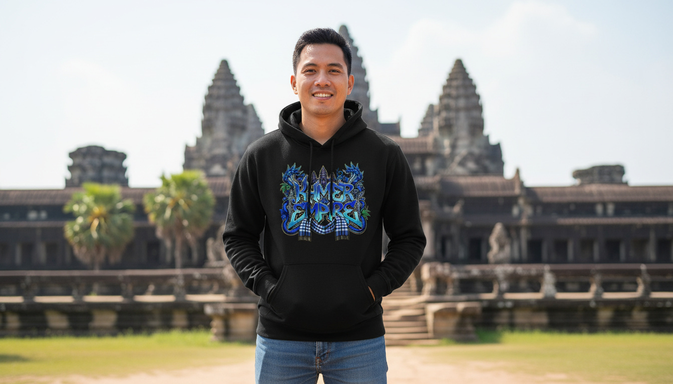 Person wearing a hoodie with 'U.S.M.' text in front of Angkor Wat.