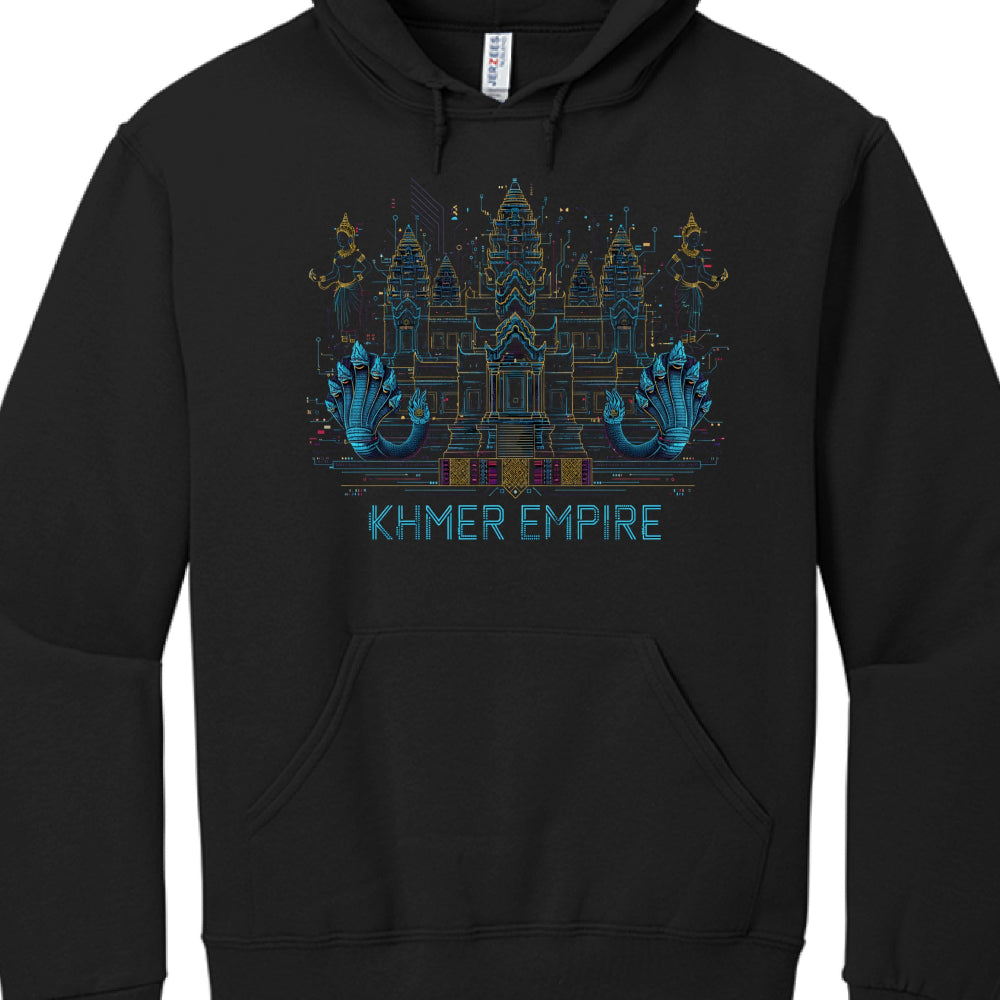 The image displays a black pullover hoodie featuring an intricate, cyber-neon graphic of the Angkor Wat temple and the text "KHMER EMPIRE."

Graphic Design Breakdown
The artwork utilizes a modern, technical line-art style with a vibrant neon color palette:

Temple Illustration: The central focus is a detailed depiction of Angkor Wat, rendered in thin, glowing lines of cyan, yellow, and magenta. The towers and architectural layers are stylized with geometric accents and circuitry-like patterns.

Cultural Fig