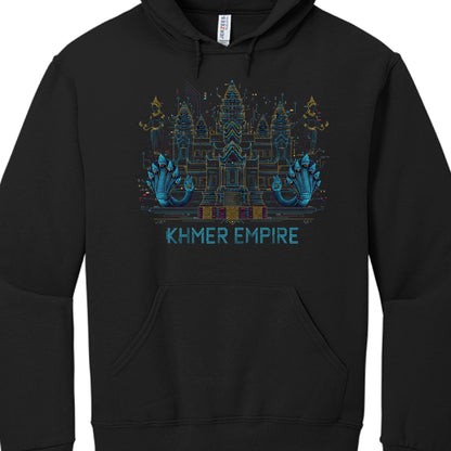 The image displays a black pullover hoodie featuring an intricate, cyber-neon graphic of the Angkor Wat temple and the text "KHMER EMPIRE."

Graphic Design Breakdown
The artwork utilizes a modern, technical line-art style with a vibrant neon color palette:

Temple Illustration: The central focus is a detailed depiction of Angkor Wat, rendered in thin, glowing lines of cyan, yellow, and magenta. The towers and architectural layers are stylized with geometric accents and circuitry-like patterns.

Cultural Fig