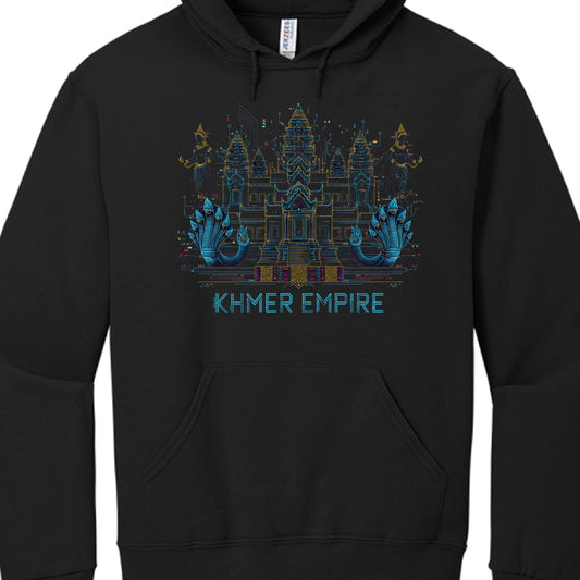The image displays a black pullover hoodie featuring an intricate, cyber-neon graphic of the Angkor Wat temple and the text "KHMER EMPIRE."

Graphic Design Breakdown
The artwork utilizes a modern, technical line-art style with a vibrant neon color palette:

Temple Illustration: The central focus is a detailed depiction of Angkor Wat, rendered in thin, glowing lines of cyan, yellow, and magenta. The towers and architectural layers are stylized with geometric accents and circuitry-like patterns.

Cultural Fig