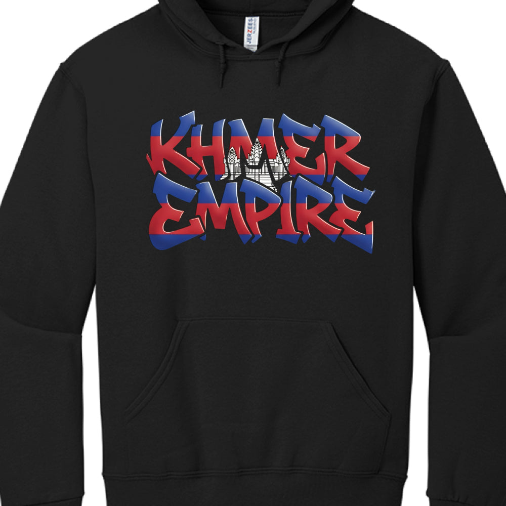 The final image in this collection features a black pullover hoodie with a large graphic on the chest centered on Cambodian identity and the Khmer Empire.

Graphic Design Details
This design focuses on bold typography and national symbolism:

Central Typography: The words "KHMER EMPIRE" are rendered in a large, sharp-edged 3D graffiti font.

National Colors: The letters are filled with the blue and red horizontal stripes of the Cambodian flag.

Angkor Wat: A white silhouette of the iconic temple towers is i