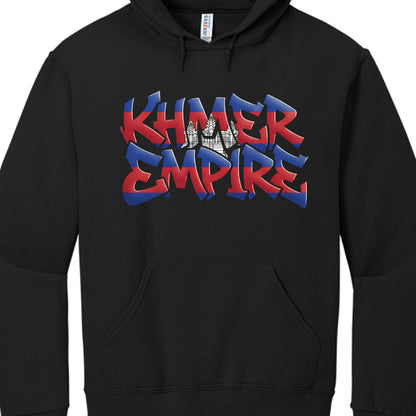 The final image in this collection features a black pullover hoodie with a large graphic on the chest centered on Cambodian identity and the Khmer Empire.

Graphic Design Details
This design focuses on bold typography and national symbolism:

Central Typography: The words "KHMER EMPIRE" are rendered in a large, sharp-edged 3D graffiti font.

National Colors: The letters are filled with the blue and red horizontal stripes of the Cambodian flag.

Angkor Wat: A white silhouette of the iconic temple towers is i
