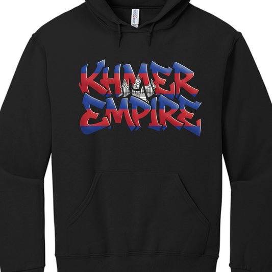 The final image in this collection features a black pullover hoodie with a large graphic on the chest centered on Cambodian identity and the Khmer Empire.

Graphic Design Details
This design focuses on bold typography and national symbolism:

Central Typography: The words "KHMER EMPIRE" are rendered in a large, sharp-edged 3D graffiti font.

National Colors: The letters are filled with the blue and red horizontal stripes of the Cambodian flag.

Angkor Wat: A white silhouette of the iconic temple towers is i
